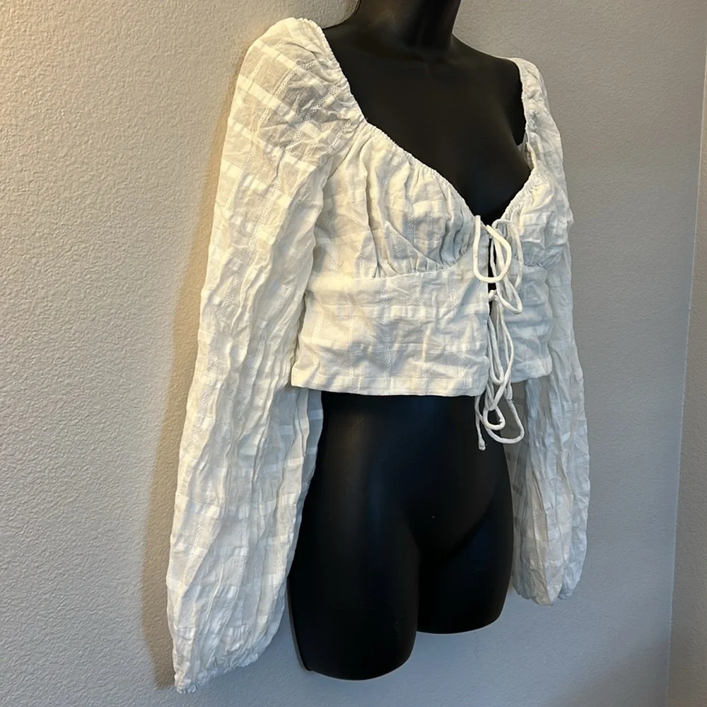 Princess Polly Riley Long Balloon Sleeve Tie Front Crop Top